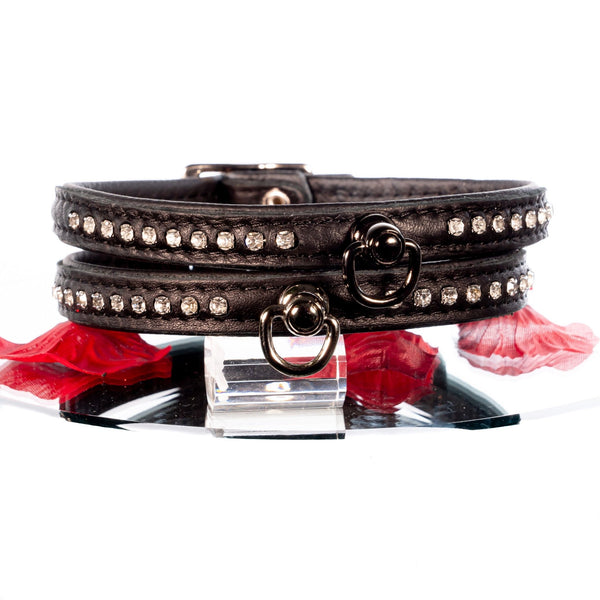 SiaLinda: Halsband echtes Elch Leder mit kl. O-Ring und Strass, schwarz / schwarz 14 mm breit - SiaLinda.com